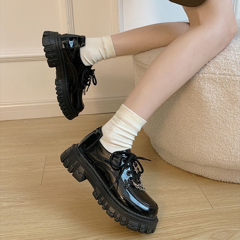 Black Lace-Up Vintage Chunky Heeled Mary Jane Shoes